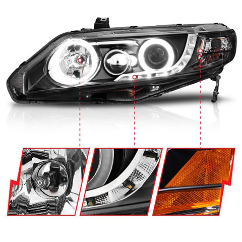 Anzo, ANZO Black Projector Headlights with Halo | 2006-2011 Honda Civic 4DR (121454)